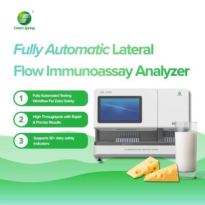 China Analista de análisis inmunológico de flujo lateral totalmente automático Flujo de trabajo de prueba totalmente automático para la seguridad de los productos lácteos Alto rendimiento con resultados rápidos y precisos Soporta más de 30 indicadores de seguridad de los productos lácteos proveedor
